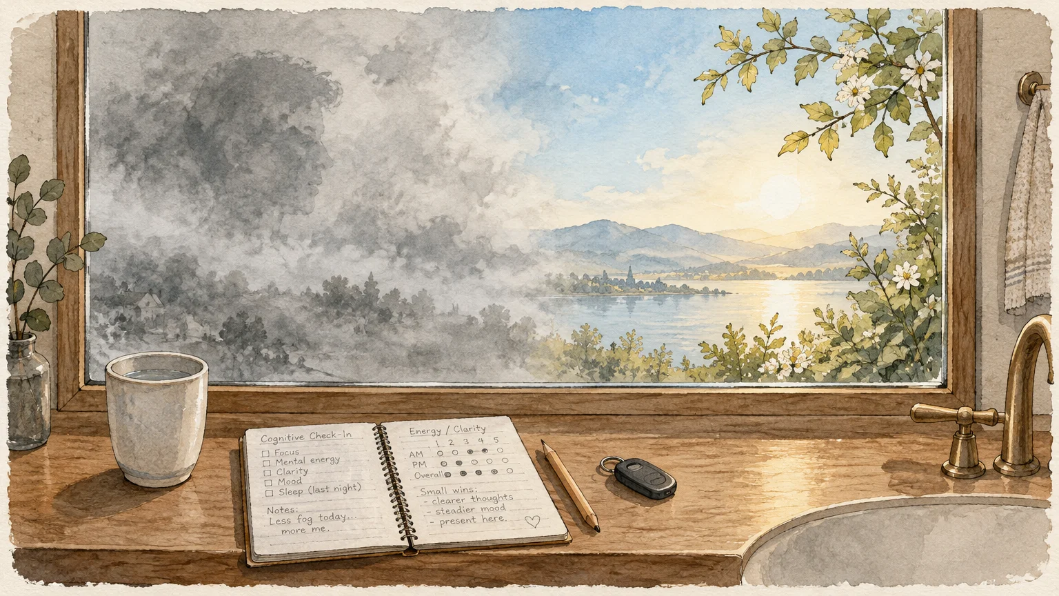 Watercolor of a window sill with a journal overlooking a view transitioning from gloomy, stormy clouds to bright sunshine.