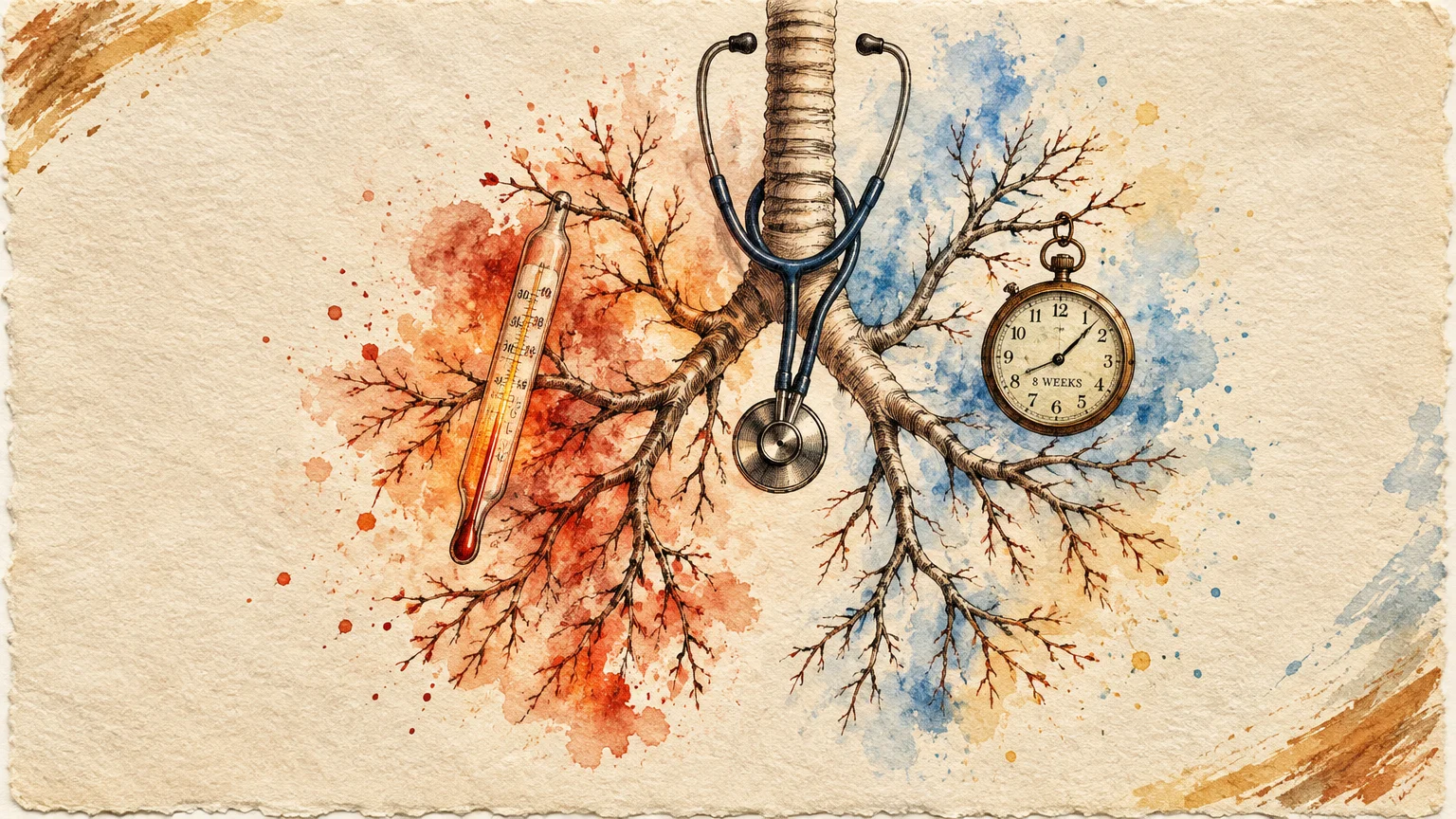 Illustration of bronchial branches shaped like tree limbs with a stethoscope, thermometer, and pocket watch on textured paper.