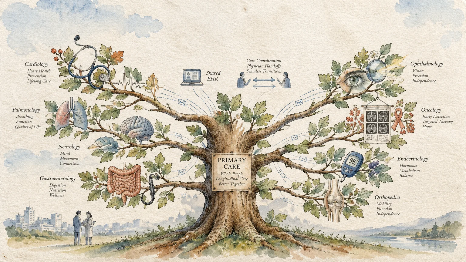 Watercolor tree labeled primary care at the trunk, with branches displaying medical specialties and organs.