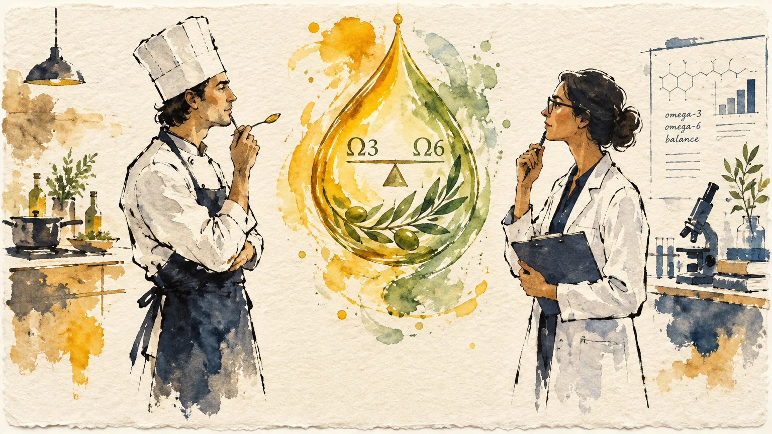 Watercolor illustration of a chef and a female scientist facing an oil drop with an omega scale and olive branch.