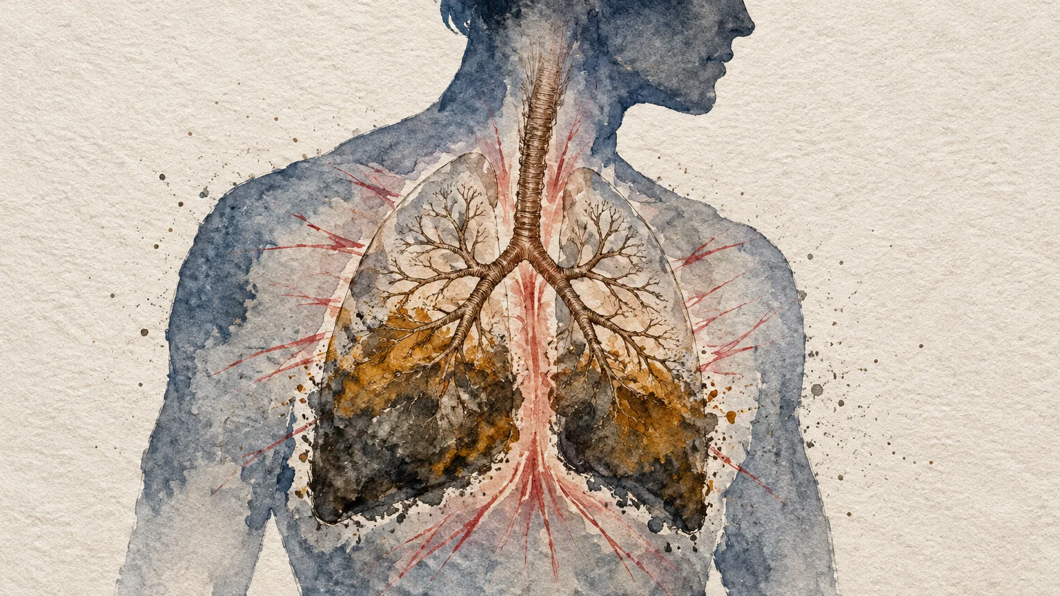 Watercolor illustration of a human torso silhouette showing anatomical lungs with dark brown discoloration in the lower lobes.