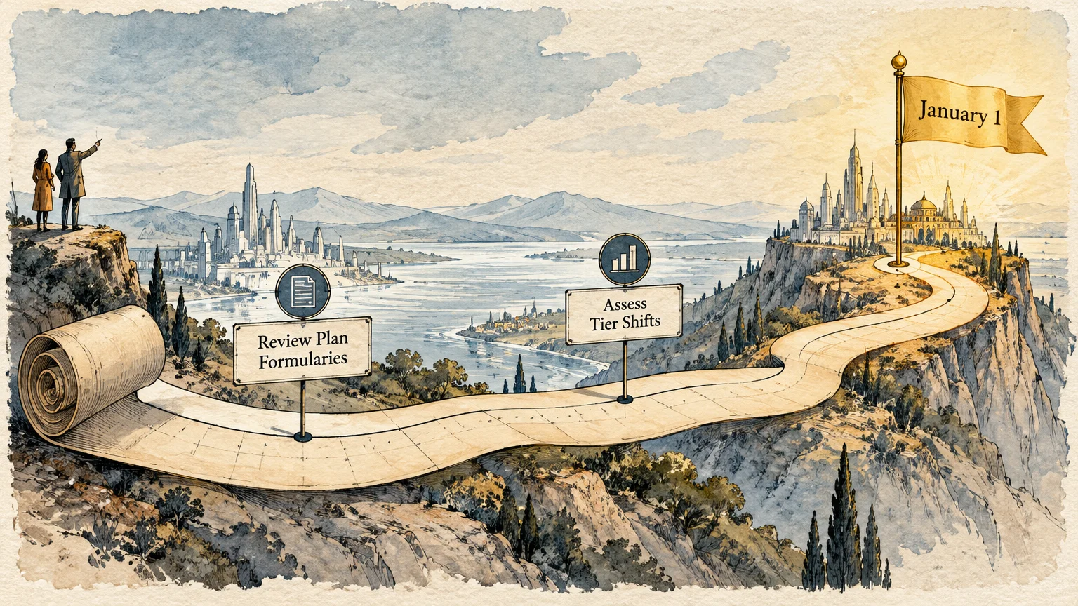 A scroll forms a cliffside road with advisory signs, leading toward a hilltop city marked with a January 1 flag.