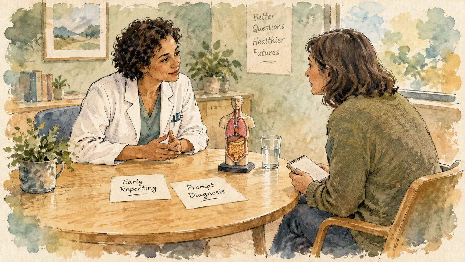 Watercolor illustration of a doctor in a lab coat speaking with a patient across a table with an anatomical model.