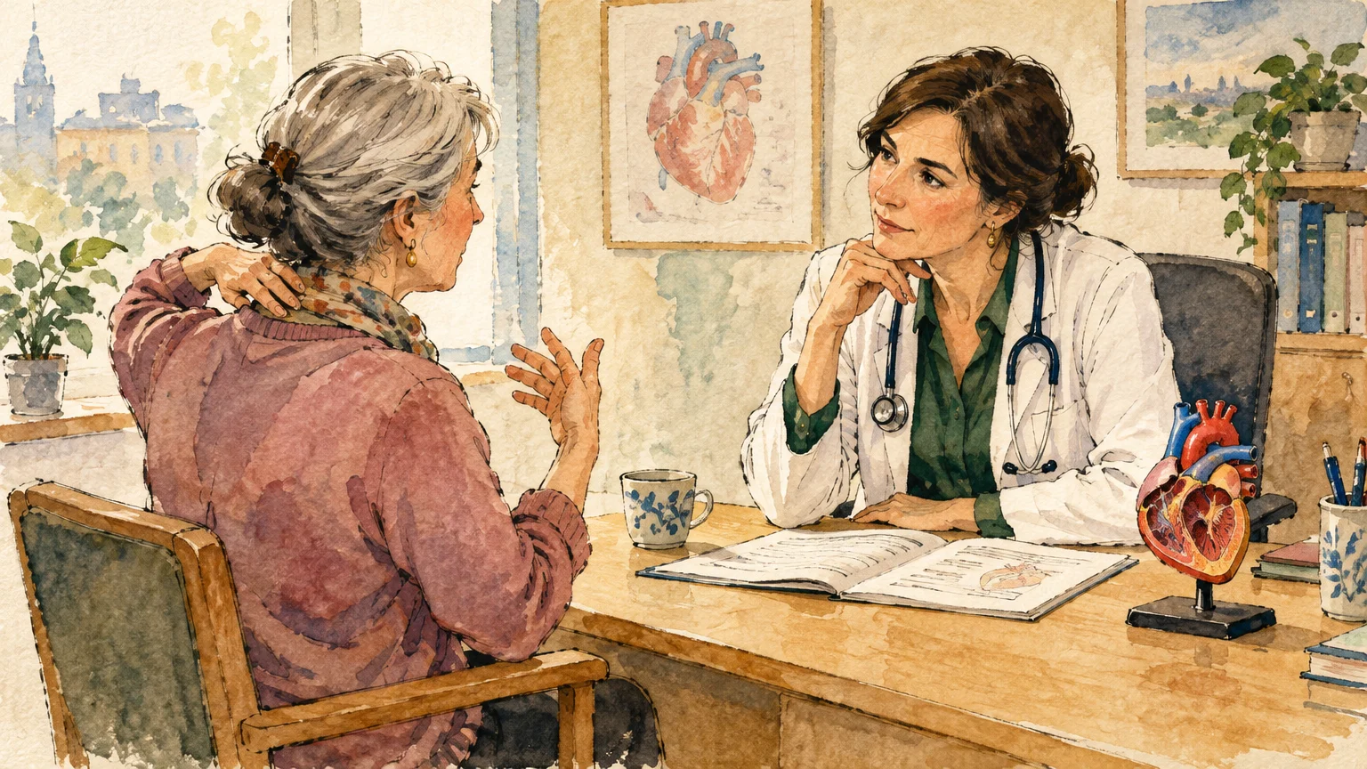 Watercolor illustration of a doctor listening to an older woman touching her neck and back across an office desk.