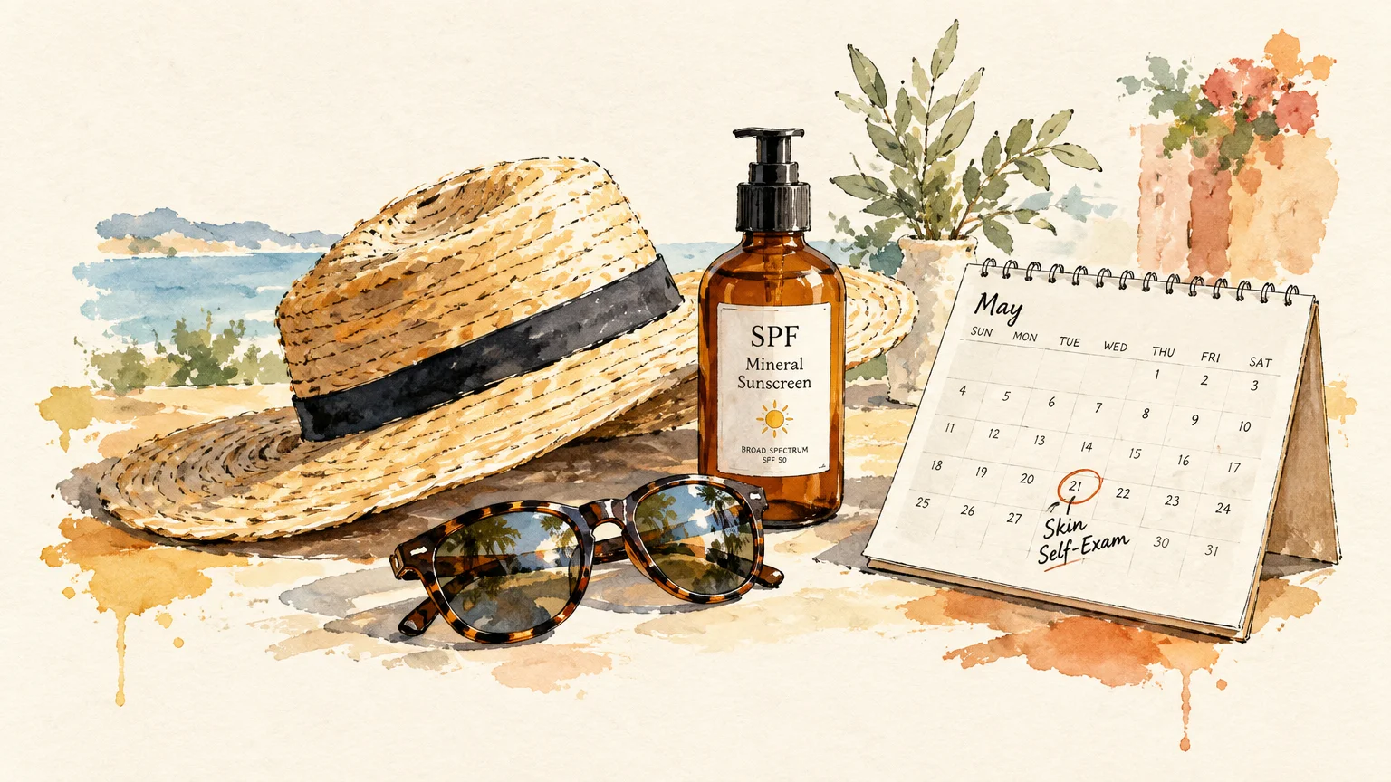Watercolor illustration of a straw hat, sunglasses, mineral sunscreen bottle, and calendar marked for a skin self-exam.