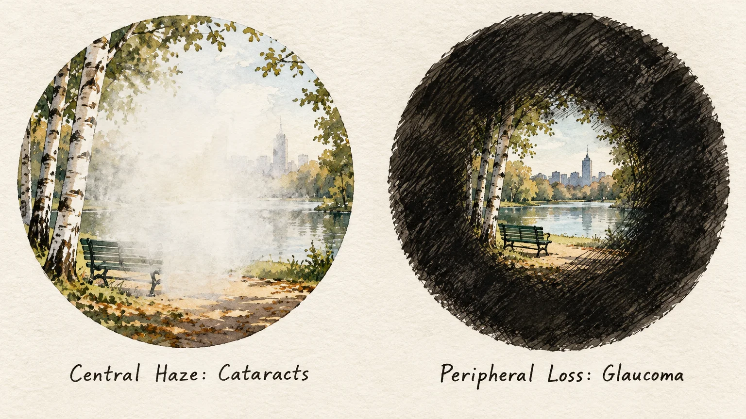 Two circular drawings of a park comparing central haze from cataracts to blackened peripheral vision from glaucoma.