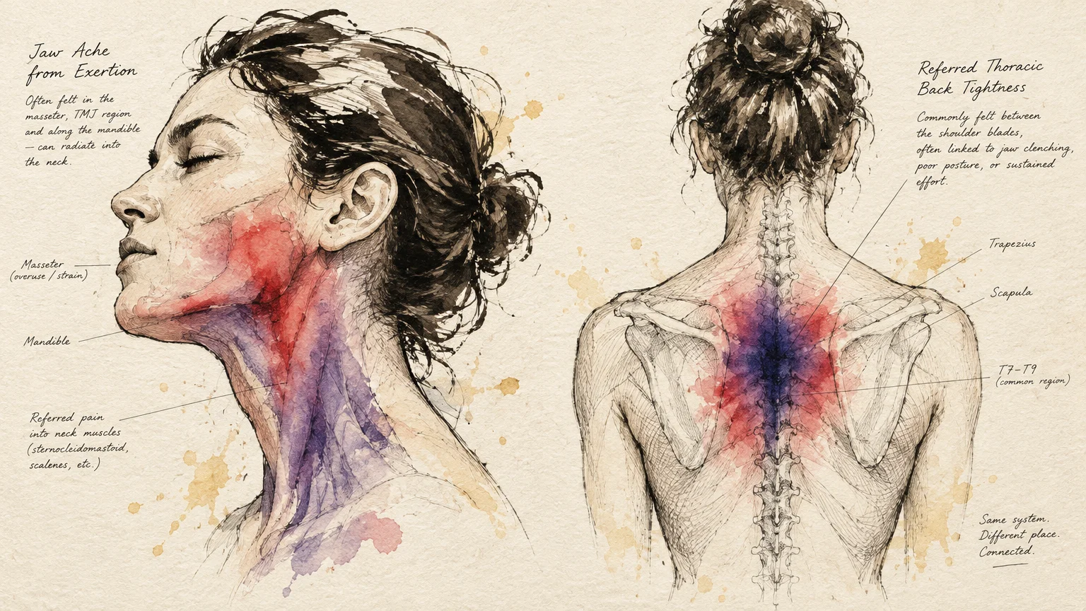 Anatomical sketches of a woman's jaw, neck, and upper back with red and purple watercolor highlights showing pain areas.