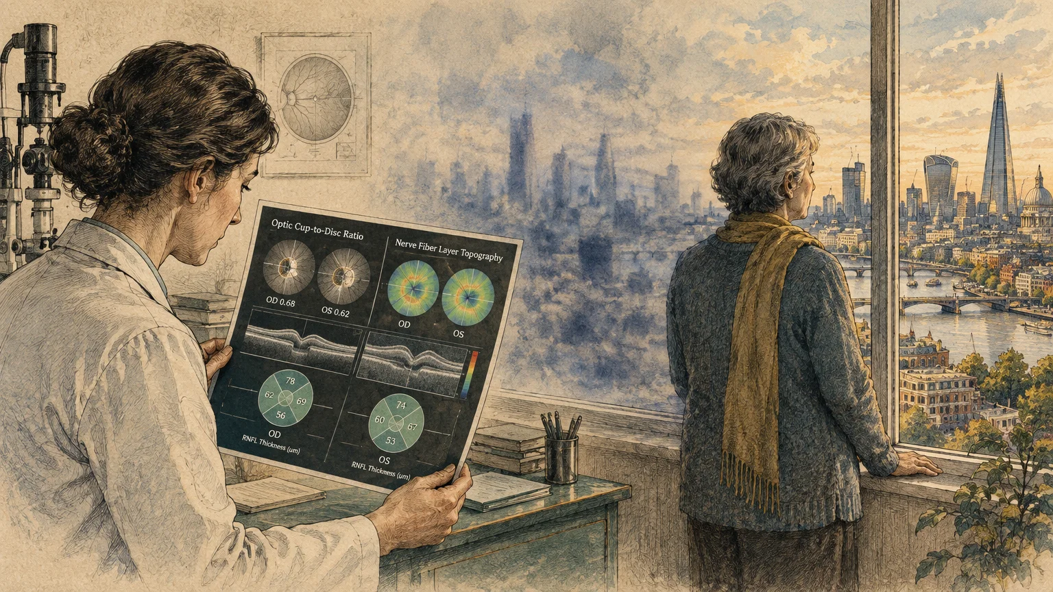 Illustration of an eye doctor examining optic nerve scans while a patient looks out a window at a city skyline.