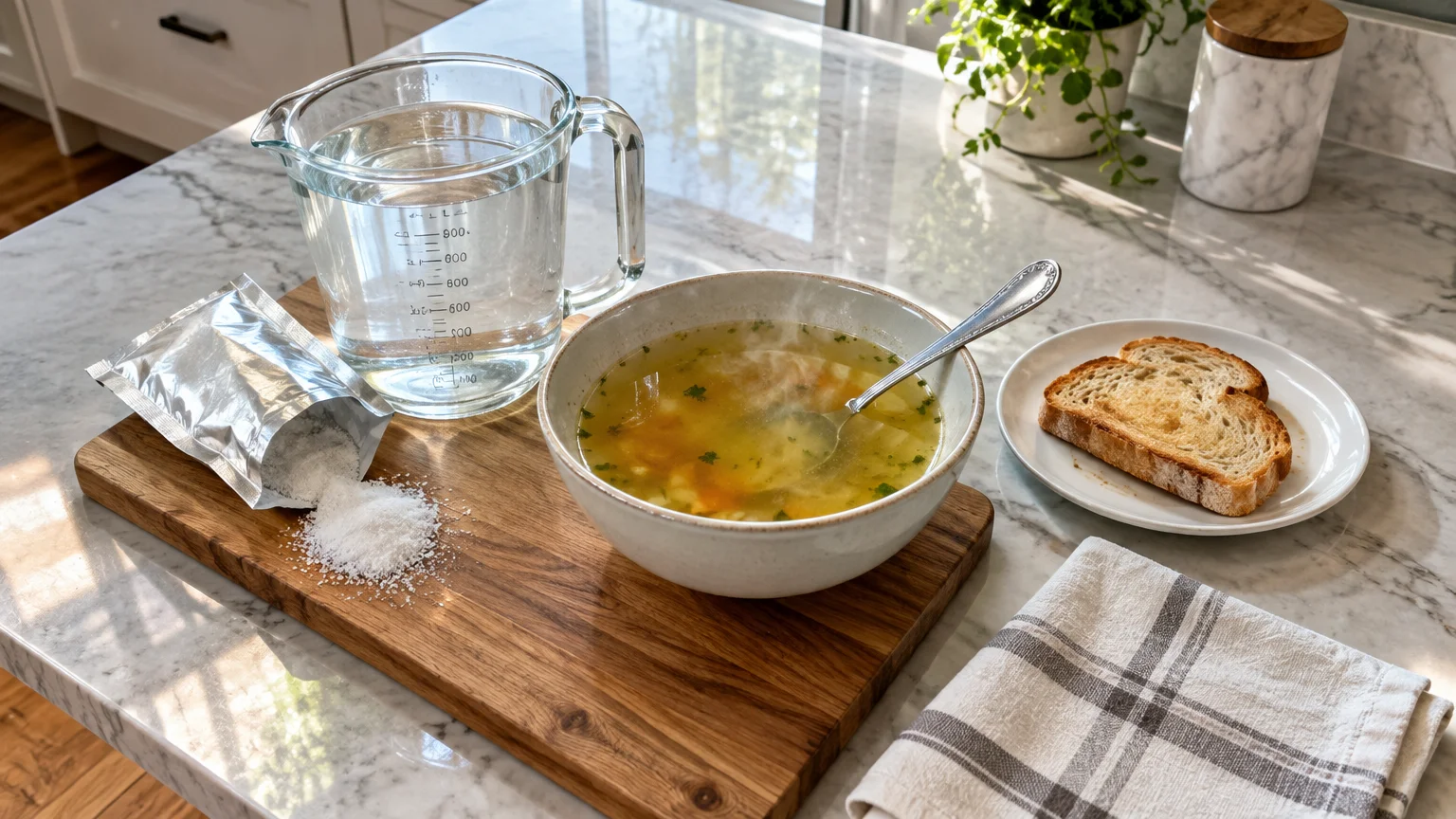 Glass pitcher of water, powder packet, steaming bowl of broth, and toasted bread slices on a marble countertop.