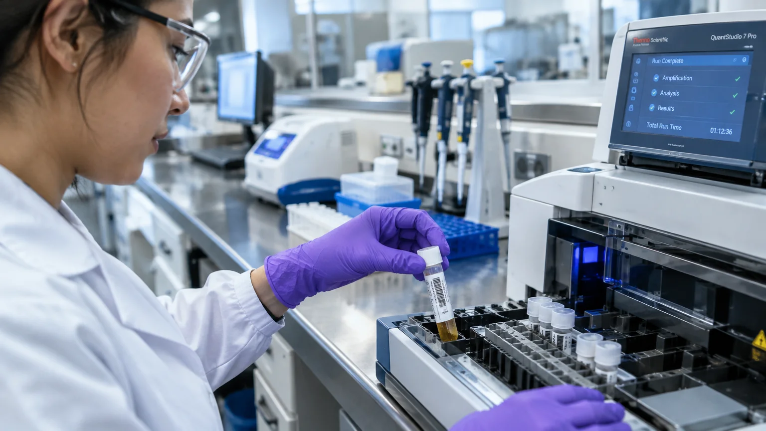 Laboratory scientist in a white coat and purple gloves placing a specimen tube into an automated diagnostic machine.