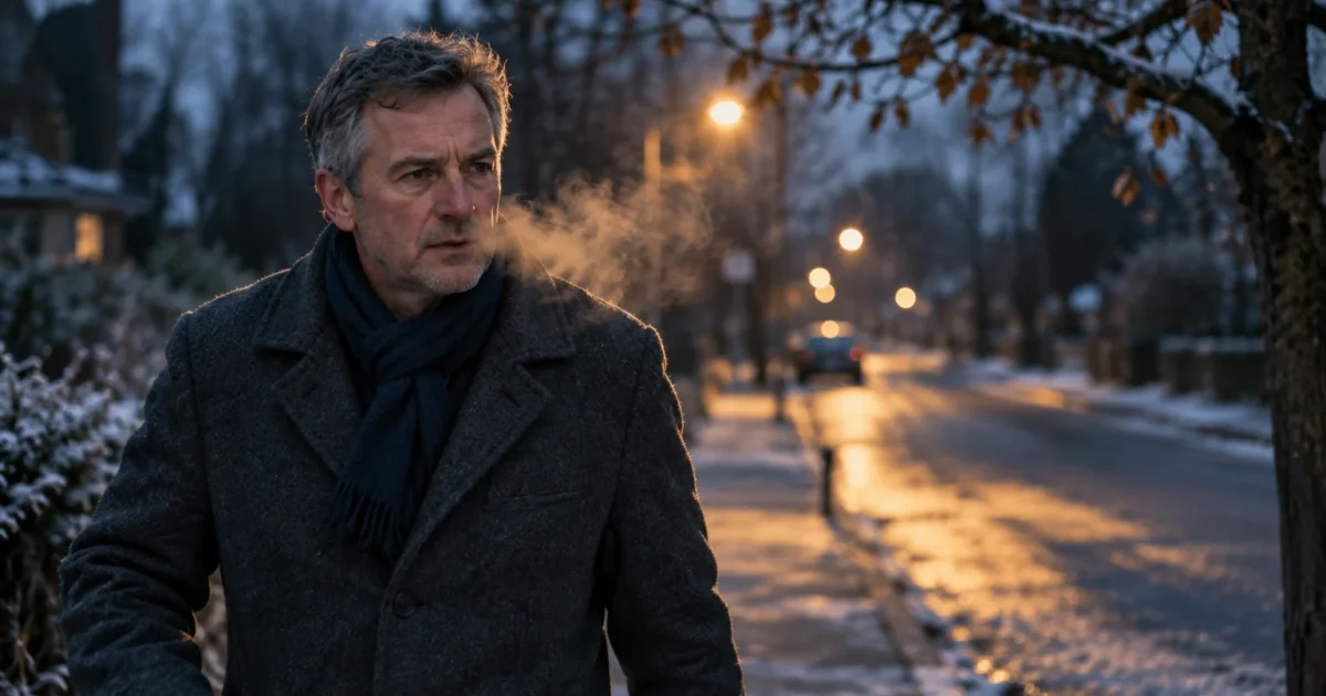 A man in a dark winter coat and scarf walking down a snowy residential street at dusk with visible breath.