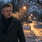 A man in a dark winter coat and scarf walking down a snowy residential street at dusk with visible breath.