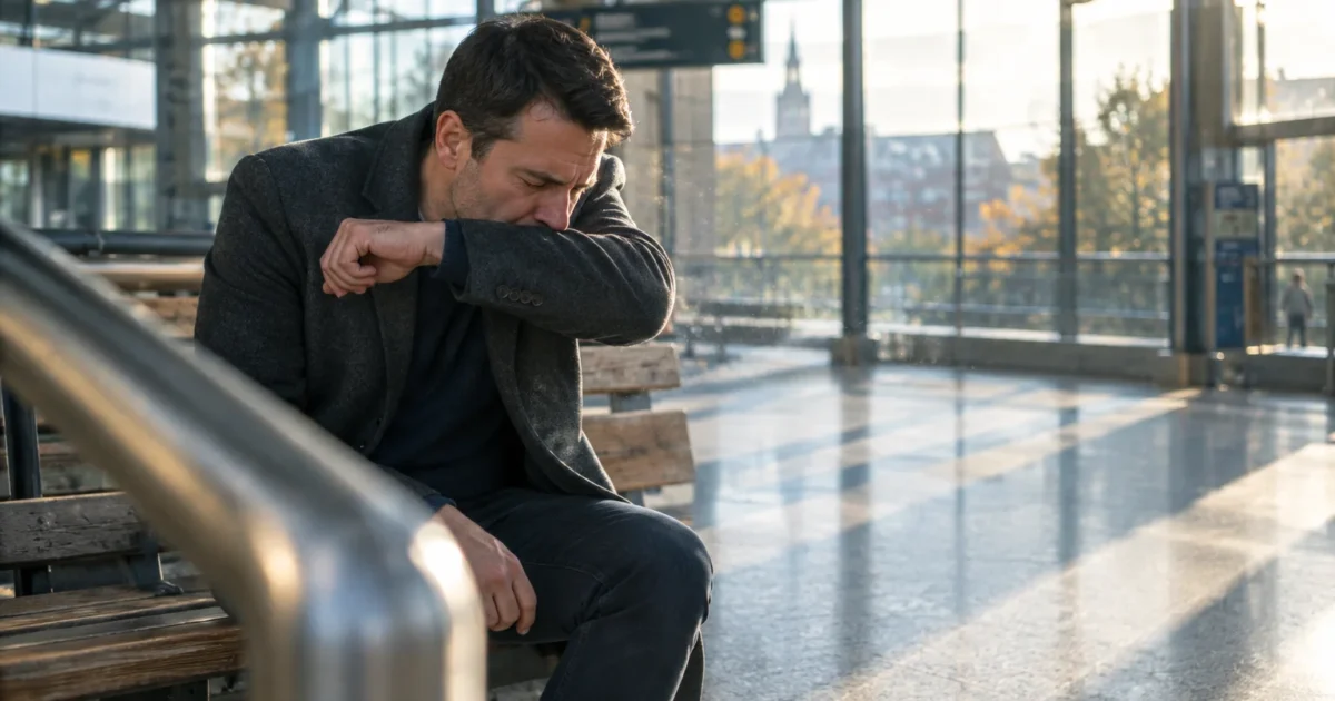 A man in a dark coat sits on a wooden bench inside a bright train station, coughing into his elbow.