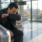 A man in a dark coat sits on a wooden bench inside a bright train station, coughing into his elbow.