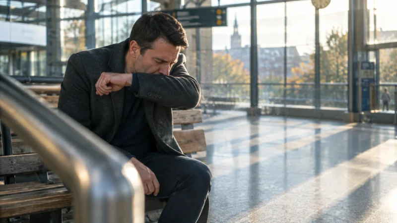 A man in a dark coat sits on a wooden bench inside a bright train station, coughing into his elbow.