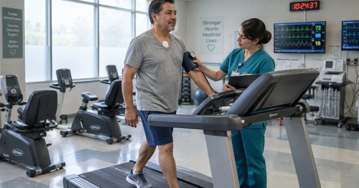 A nurse in teal scrubs checks a man's blood pressure while he walks on a treadmill in a cardiac rehab center.