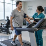 A nurse in teal scrubs checks a man's blood pressure while he walks on a treadmill in a cardiac rehab center.