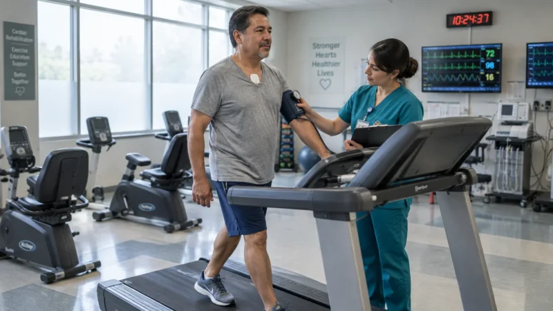 A nurse in teal scrubs checks a man's blood pressure while he walks on a treadmill in a cardiac rehab center.