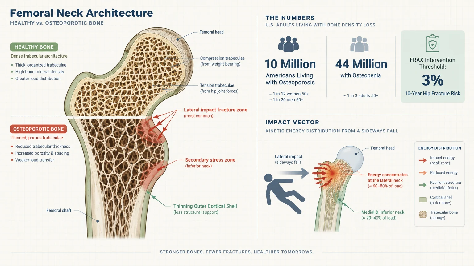 Medical diagram comparing healthy and osteoporotic femoral neck architecture, with statistics and fall impact vectors.