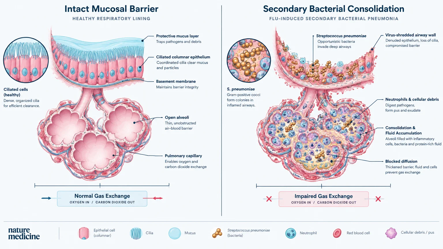 Medical diagram comparing an intact mucosal barrier with normal gas exchange against secondary bacterial consolidation.