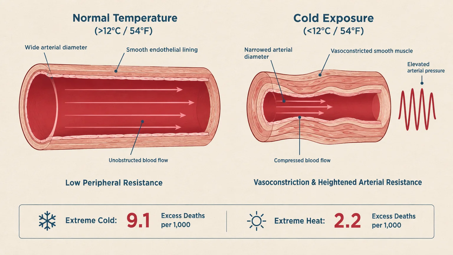 Medical diagram comparing normal arterial blood flow with vasoconstriction in cold exposure, alongside mortality statistics.