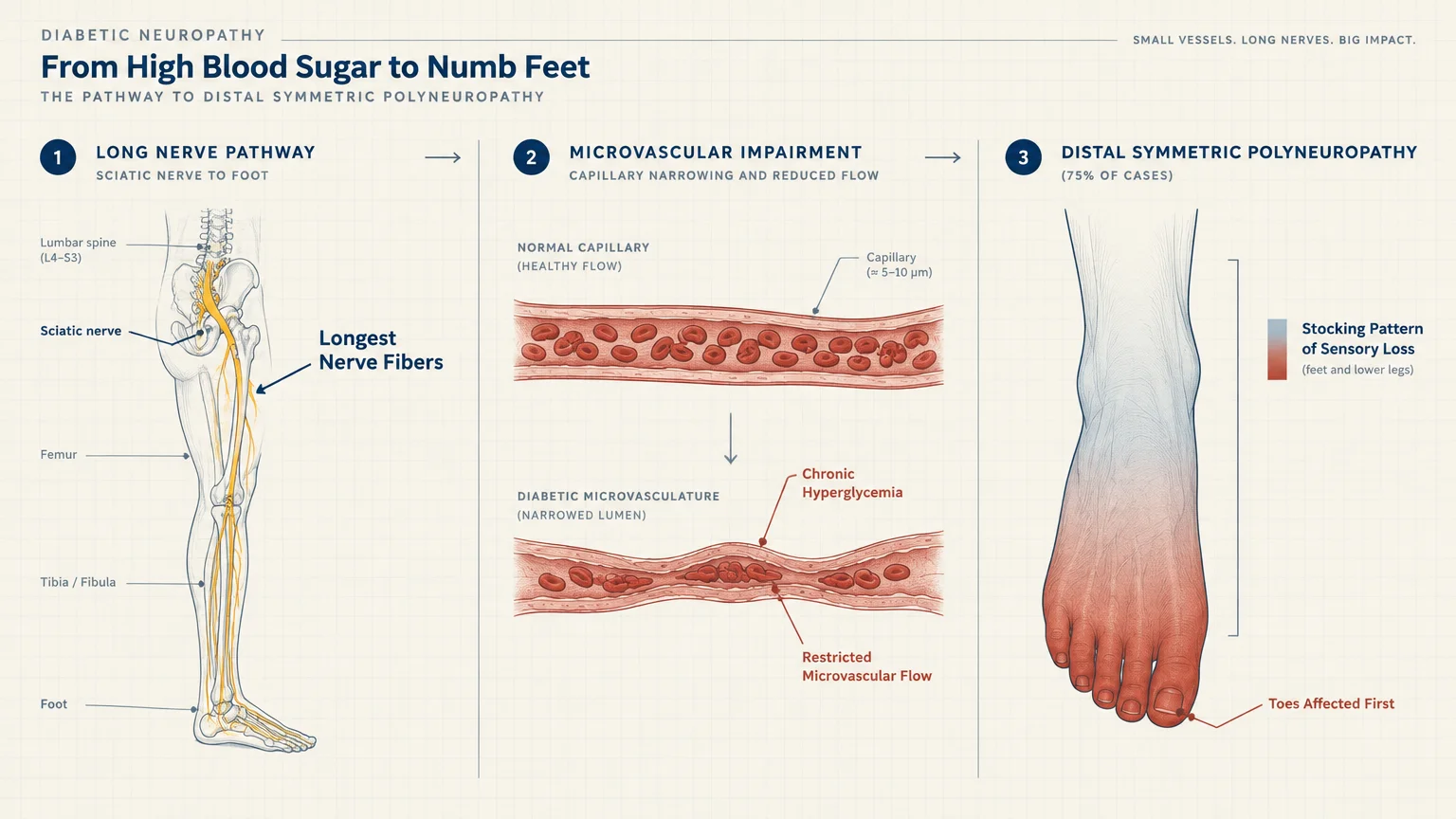 Three-part diagram showing sciatic nerve pathway, capillary narrowing from hyperglycemia, and sensory loss in a foot.