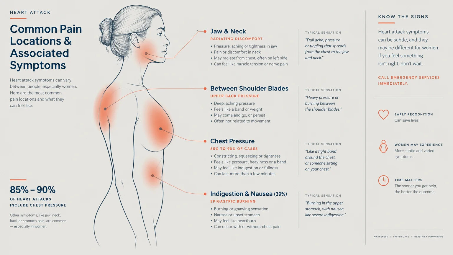 Diagram of a woman's torso highlighting heart attack pain locations, including the jaw, chest, upper back, and stomach.