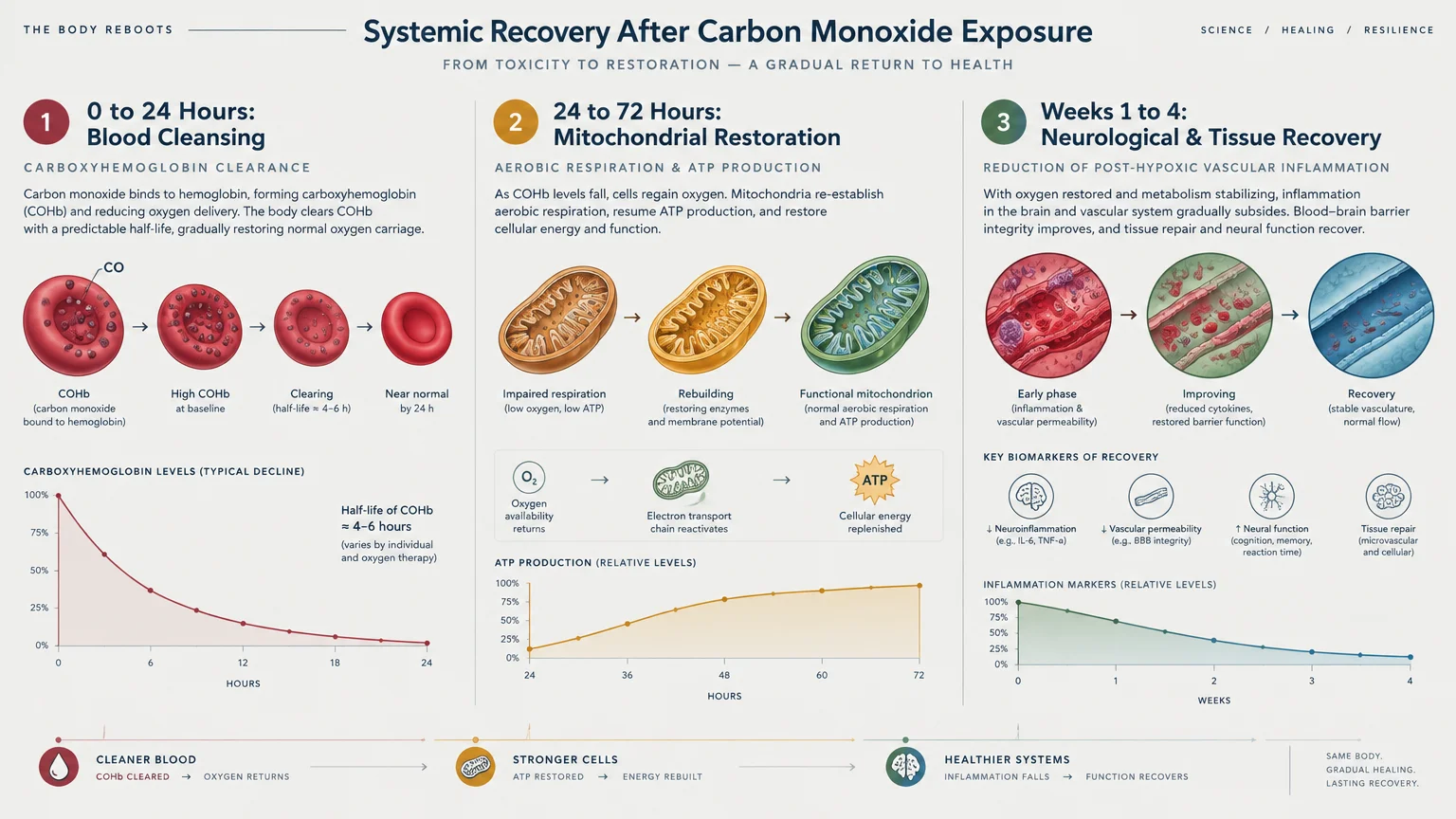 Infographic showing three stages of recovery from carbon monoxide exposure: blood cleansing, mitochondrial restoration, and tissue repair.