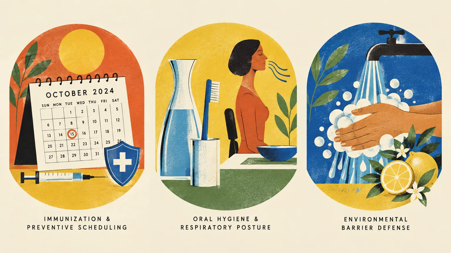 Three panels illustrating vaccine scheduling, upright dining posture beside a toothbrush, and hands washing under a faucet.