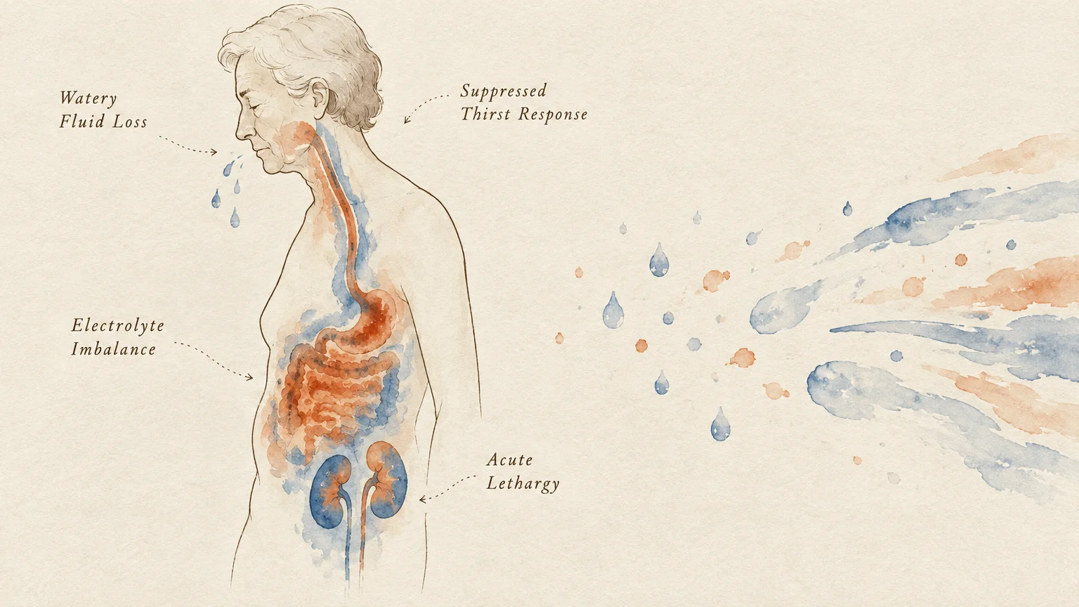 Medical illustration of an older adult with internal organs highlighted and labels for fluid loss and lethargy.