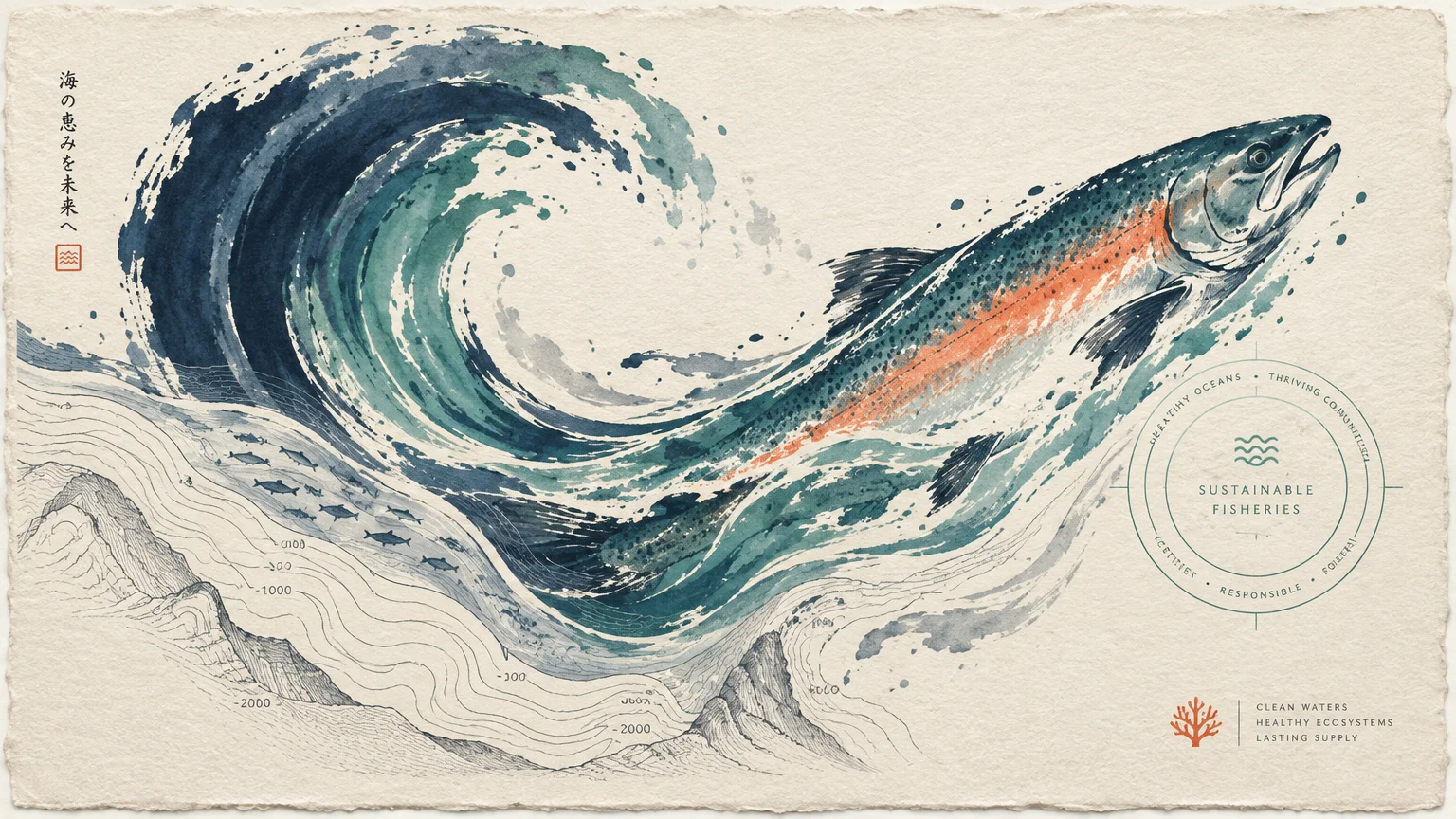 Japanese-style ink painting of a salmon leaping from a large ocean wave above bathymetric contour lines with text seals.
