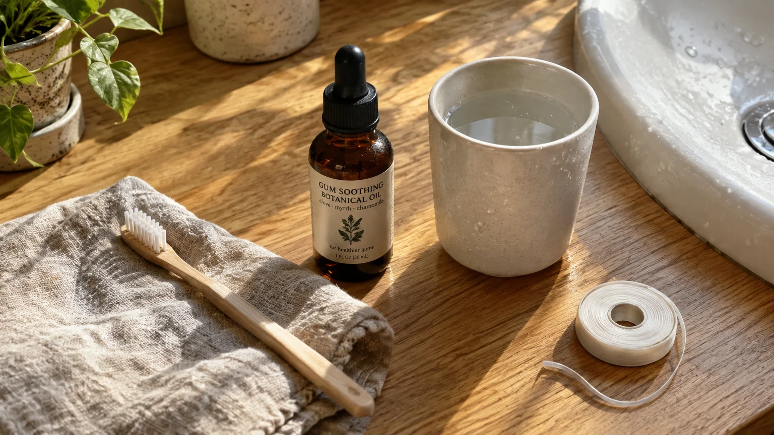 A wooden toothbrush, botanical oil dropper bottle, ceramic water cup, and floss spool on a wooden bathroom counter.