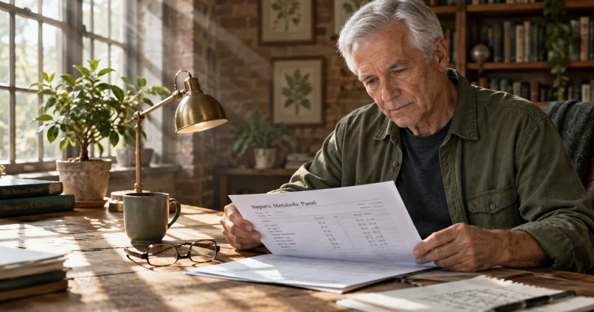 Senior man sitting at a rustic wooden desk, intently reading a paper titled Hepatic Metabolic Panel beside his glasses.