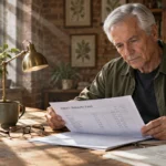 Senior man sitting at a rustic wooden desk, intently reading a paper titled Hepatic Metabolic Panel beside his glasses.