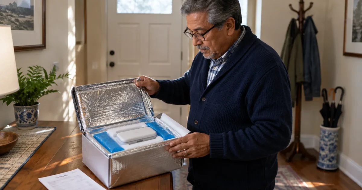 An older man in glasses and a cardigan opens an insulated silver delivery box with cold packs and a white container.