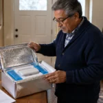 An older man in glasses and a cardigan opens an insulated silver delivery box with cold packs and a white container.