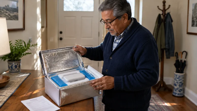 An older man in glasses and a cardigan opens an insulated silver delivery box with cold packs and a white container.