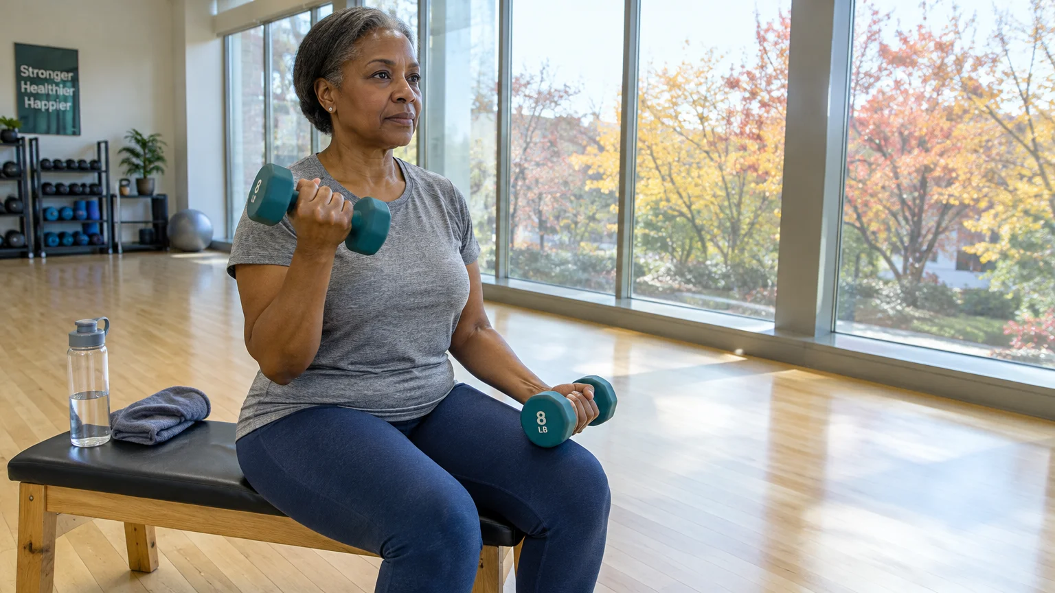 A mature woman sits on a gym bench curling blue dumbbells in front of large windows.