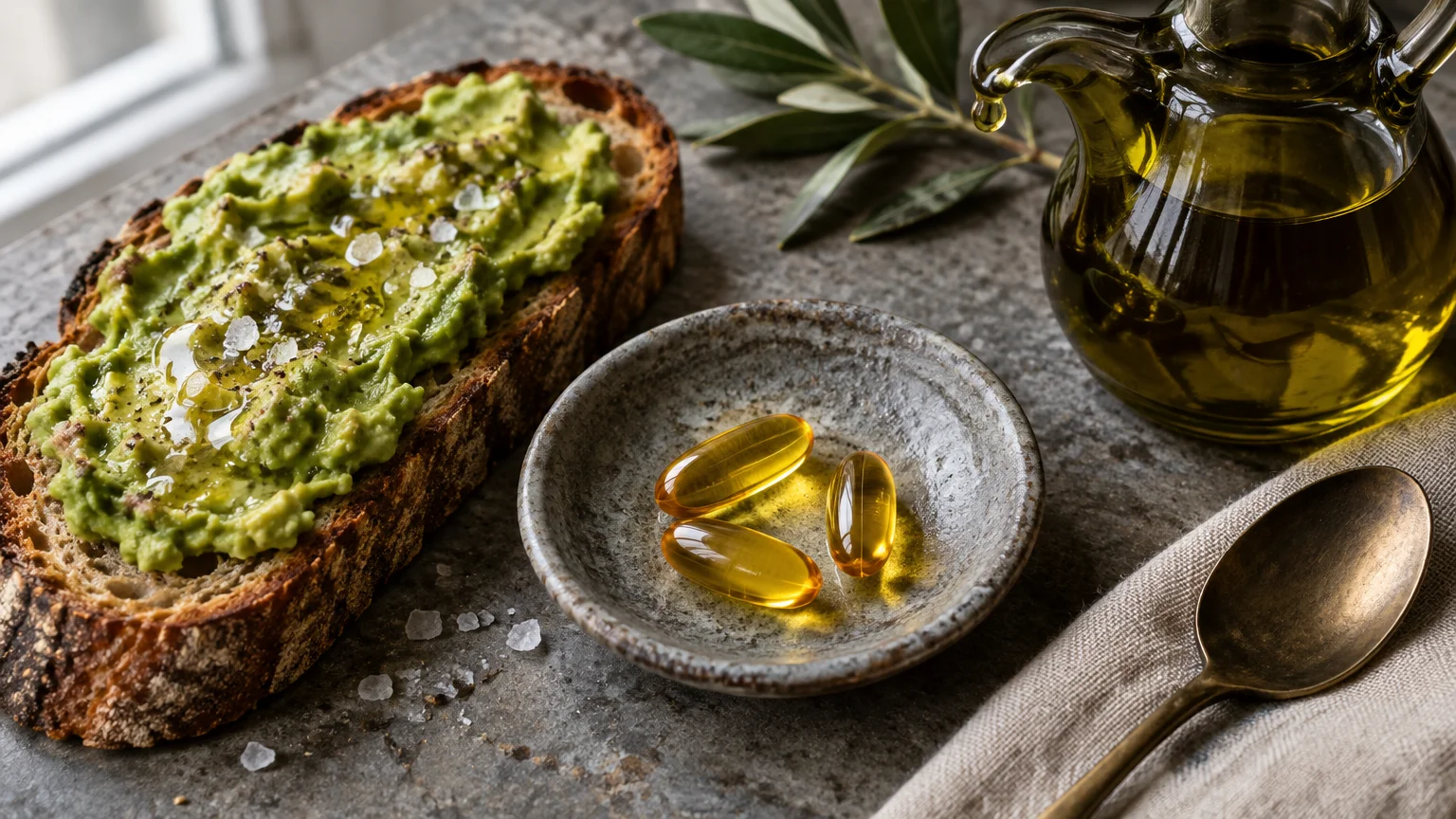 Avocado toast next to a small bowl with three yellow gel capsules, a cruet of olive oil, and a spoon.
