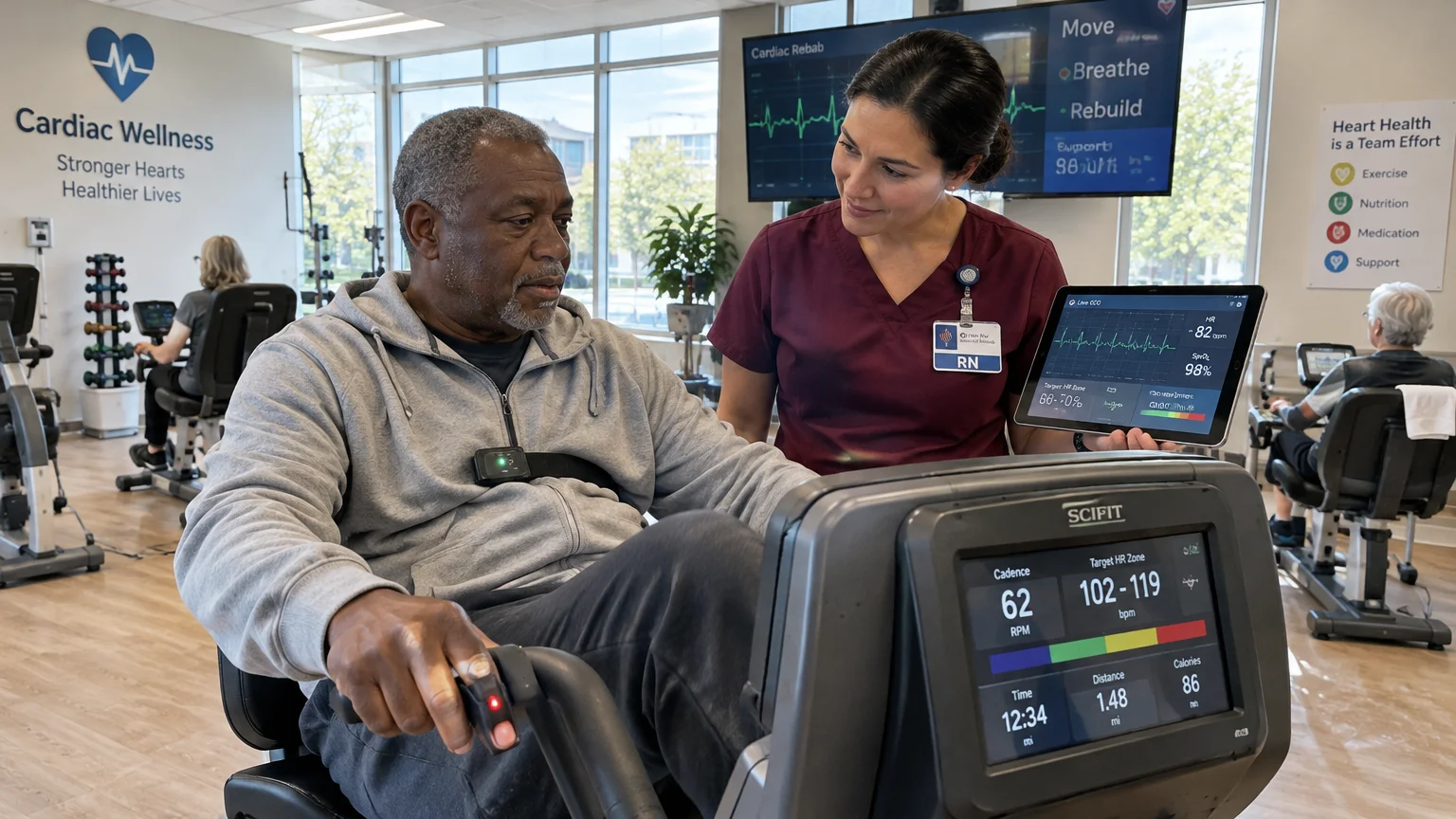 A nurse holds a tablet showing live ECG data beside an older man exercising on a recumbent machine.