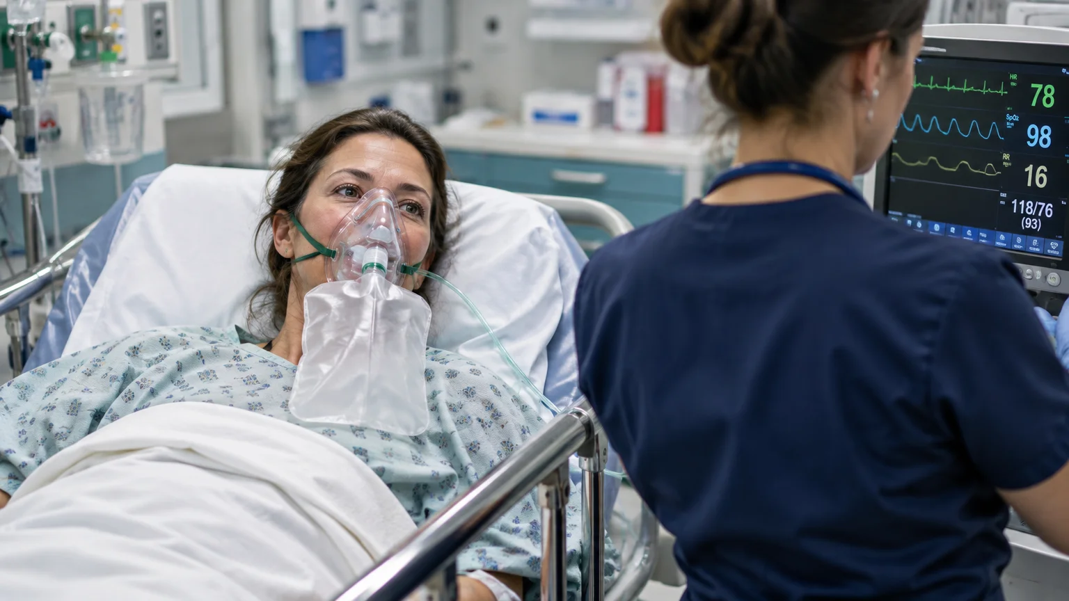 A woman lying in a hospital bed wearing an oxygen mask while a nurse in blue scrubs checks a vital signs monitor.