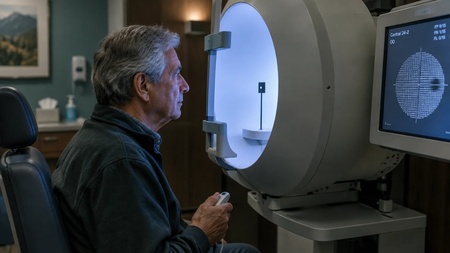 An older man taking a visual field eye exam in front of an illuminated perimeter machine next to a monitor screen.