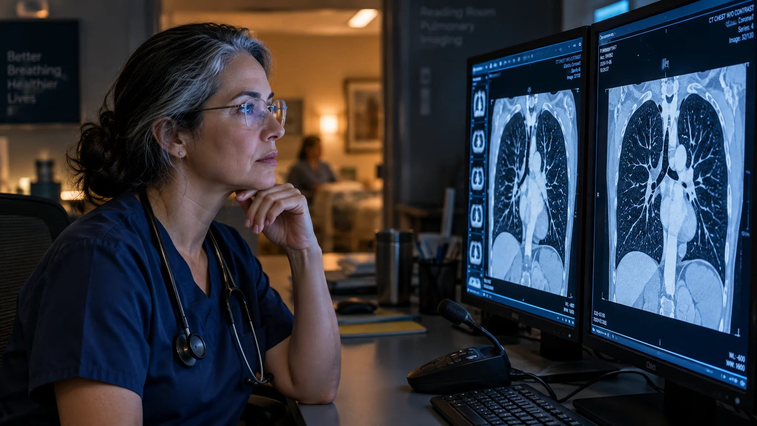 Doctor in scrubs and glasses reviewing lung CT scans displayed across two large computer monitors in an office.
