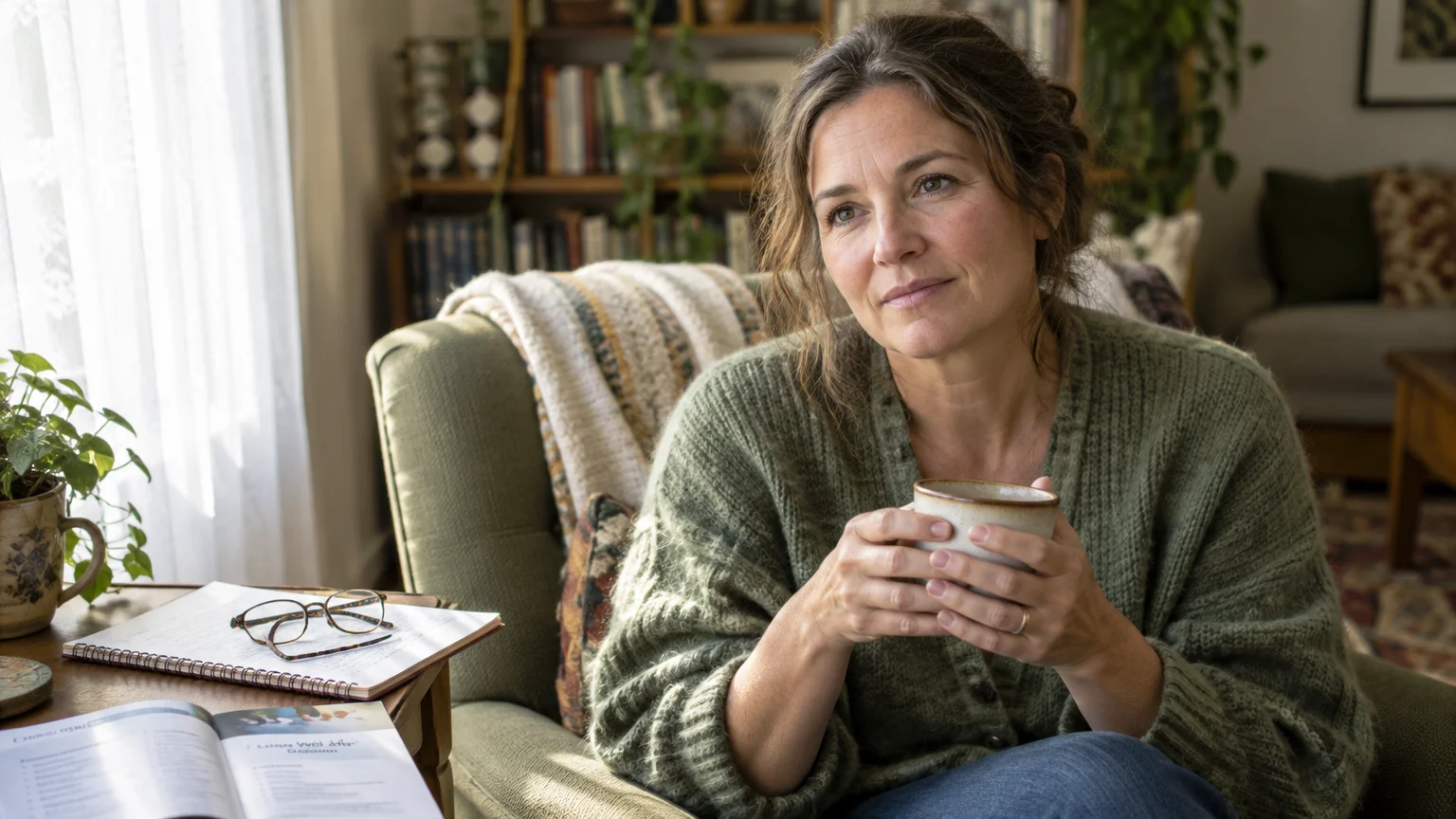 A woman in a green cardigan holds a ceramic mug while sitting thoughtfully in an armchair at home.