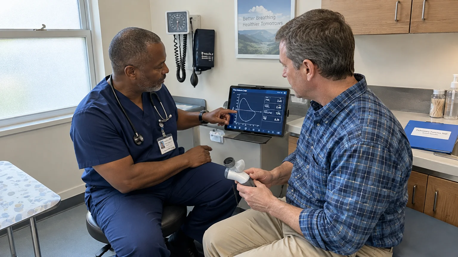 A doctor in blue scrubs reviews lung test results on a tablet with a patient holding a spirometer device.