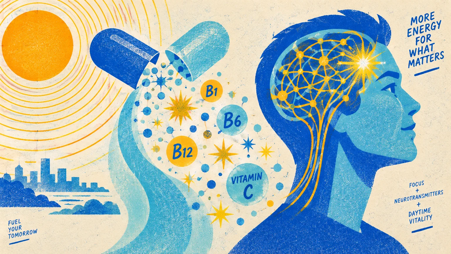 Illustration of an open vitamin capsule releasing nutrients into a person's glowing brain beside a morning sun.