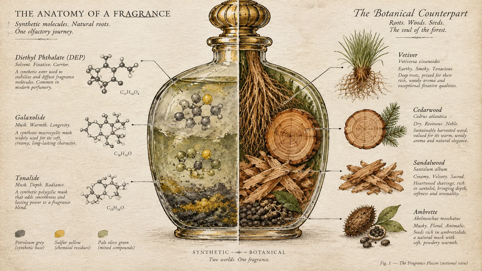 Illustration of a perfume bottle split into synthetic chemical compounds on the left and botanical ingredients on the right.