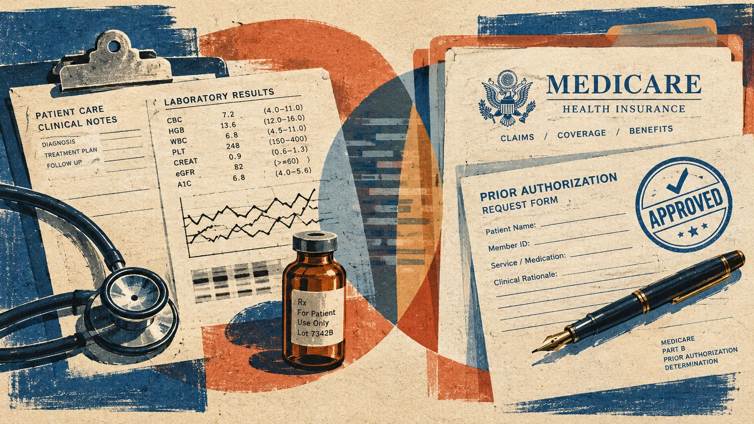 Illustration of patient clinical notes, laboratory results, a stethoscope, medicine vial, and an approved Medicare form.