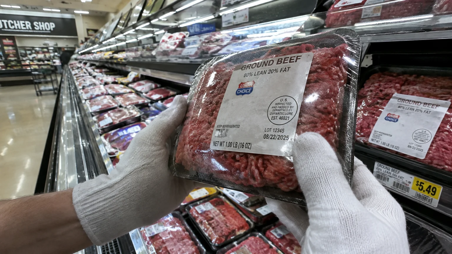 Gloved hands holding a packaged tray of raw ground beef labeled with lot details in a grocery meat aisle.