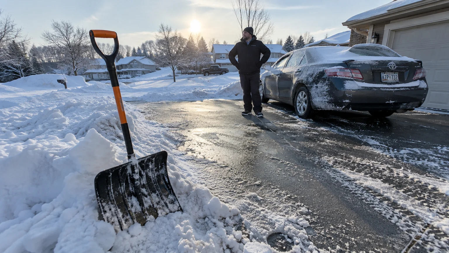 A snow shovel standing in a snowbank on a cleared residential driveway beside a car and a man in winter clothes.